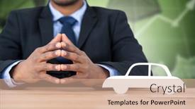  Presentation with office buildings - Cool new PPT layouts with business man sitting behind a desk against office buildings with graphs backdrop and a coral colored foreground