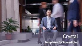  Presentation with organization - Amazing PPT theme having business man sitting in office chair people group passing by concept of time rush organization backdrop and a gray colored foreground