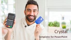  Presentation with card transaction - PPT theme having business man smiling and holding background and a lemonade colored foreground