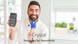  Presentation with card transaction - Audience pleasing slide deck consisting of business man smiling and holding point of sale terminal and credit card contacless transaction backdrop and a sky blue colored foreground