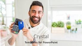  Presentation with card transaction - Colorful slide deck enhanced with business man smiling and holding point of sale terminal and credit card contacless transaction backdrop and a sky blue colored foreground