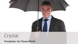  Presentation with under umbrella - Slide deck with business man standing under his umbrella and holding a hand in his pocket while smiling for the camera on a white background background and a light gray colored foreground