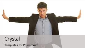  Presentation with stretching - Cool new presentation theme with business man stretching his arms backdrop and a light gray colored foreground