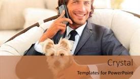  Presentation with man holding phone - Audience pleasing theme consisting of business man talking on the phone and holding his pet backdrop and a coral colored foreground