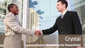  Presentation with building team - Beautiful theme featuring business man team shaking hands backdrop and a coral colored foreground