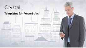  Presentation with doodle - Cool new presentation design with business man texting against white wall with city doodle backdrop and a sky blue colored foreground