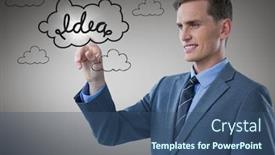  Presentation with doodle - Colorful slides enhanced with business man touching idea doodle with flare against grey background backdrop and a ocean colored foreground
