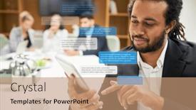  Presentation with sms - Presentation theme featuring business-man-typing-sms background and a coral colored foreground