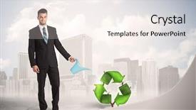  Presentation with green city - Theme having business man watering green recycle sign tree on city background concept background and a sky blue colored foreground