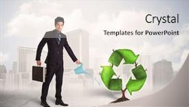  Presentation with green city - Presentation theme consisting of business man watering green recycle background and a sky blue colored foreground