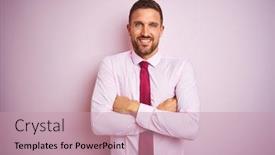  Presentation with business pink - PPT theme featuring business man wearing tie and elegant shirt over pink isolated background happy face smiling with crossed arms looking at the camera positive person background and a coral colored foreground