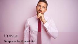  Presentation with business pink - Theme enhanced with business man wearing tie and elegant shirt over pink isolated background with hand on chin thinking about question pensive expression smiling with thoughtful face doubt concept background and a coral colored foreground