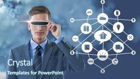  Presentation with connecting - Beautiful theme featuring business man wearing vr glasses standing next to digitally generated connecting icons against sky backdrop and a ocean colored foreground
