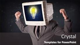  Presentation with glowing light bulb light bulb - Amazing slide deck having business man with a pc monitor head and idea light bulb glowing in the display backdrop and a dark gray colored foreground