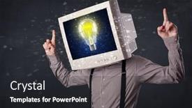  Presentation with glowing light bulb light bulb - Presentation theme consisting of business man with a pc monitor head and idea light bulb glowing in the display background and a dark gray colored foreground