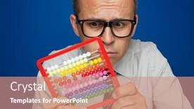  Presentation with business calculator - Beautiful presentation theme featuring business man with abacus toy calculator over blue background backdrop and a coral colored foreground