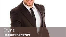  Presentation with ready - Colorful presentation theme enhanced with business man with an open hand ready to seal a deal backdrop and a tawny brown colored foreground