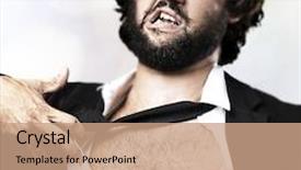  Presentation with courage - PPT theme featuring business man with courage and superman concept tearing off his shirt isolated over white background background and a coral colored foreground