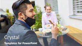  Presentation with snack - Cool new PPT theme with business-man-with-face-mask backdrop and a gray colored foreground