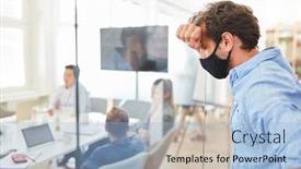  Presentation with face mask - Presentation design featuring business-man-with-face-mask background and a light blue colored foreground