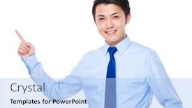  Presentation with finger point - Audience pleasing presentation theme consisting of business man with finger point up backdrop and a light blue colored foreground