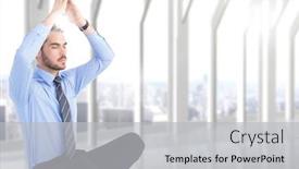  Presentation with flare - Colorful PPT theme enhanced with business man with hands over head meditating with flare against blurry white window backdrop and a light gray colored foreground