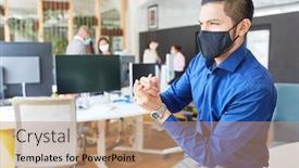  Presentation with disinfect - Audience pleasing slide set consisting of business-man-with-mouth-nose backdrop and a coral colored foreground