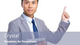  Presentation with finger point - Amazing PPT theme having business man with tablet and finger point up backdrop and a light blue colored foreground