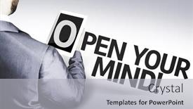  Presentation with open mind - Audience pleasing slides consisting of business man with the text open your mind in a concept image backdrop and a light gray colored foreground