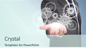  Presentation with blue business - PPT theme with business man with white gear background and a sky blue colored foreground
