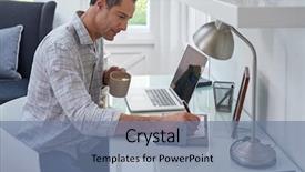  Presentation with home based business - Beautiful slide set featuring business man working at home backdrop and a seafoam green colored foreground