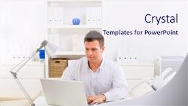  Presentation with business laptop globe - Slide deck enhanced with business man working on laptop background and a sky blue colored foreground