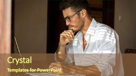  Presentation with home documents - Beautiful presentation design featuring business man working with documents and laptop at home backdrop and a tawny brown colored foreground