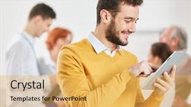  Presentation with business communication - PPT theme consisting of business man working with tablet background and a yellow colored foreground