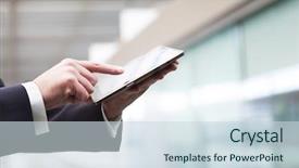  Presentation with digital - Beautiful PPT theme featuring working with a digital tablet backdrop and a sky blue colored foreground