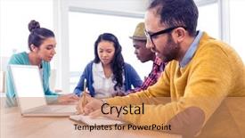  Presentation with creative writing - Cool new presentation with business man writing in book while sitting with colleagues in creative office backdrop and a coral colored foreground