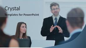  Presentation with director - Theme enhanced with business management - finance director holds a meeting background and a light blue colored foreground