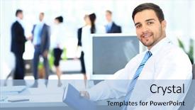  Presentation with camera - Slide set having business manager - portrait of smiling businessman working background and a light blue colored foreground