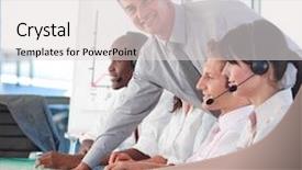  Presentation with call center performance reporting - PPT theme consisting of business manager in a call background and a  colored foreground