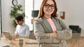  Presentation with business intelligence white robotic arm - Slide set featuring business-manager-smiling-happy background and a  colored foreground