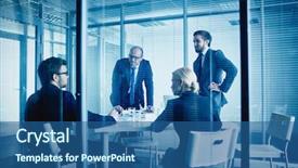  Presentation with office workers - Cool new slide deck with business managment - group of office workers listening backdrop and a ocean colored foreground