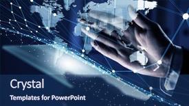  Presentation with hand holding puzzle piece - Presentation design featuring business maps - businessman hand holding virtual panel background and a  colored foreground