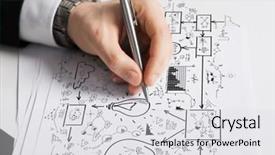  Presentation with planning - Presentation theme having business marketing planning and people concept - close up of male hand with pen drawing scheme on white paper background and a light gray colored foreground