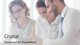  Presentation with new office - Beautiful PPT layouts featuring business mba - smiling young colleagues looking backdrop and a  colored foreground