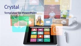  Presentation with application - Amazing PPT theme having business media and technology concept backdrop and a sky blue colored foreground