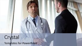  Presentation with asian doctor obese patient - Cool new slide deck with doctor handshake with a patient backdrop and a light blue colored foreground