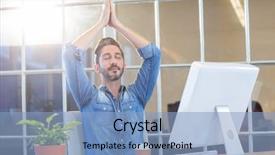  Presentation with desk - Slides featuring self working - casual businessman meditating at his background and a light blue colored foreground