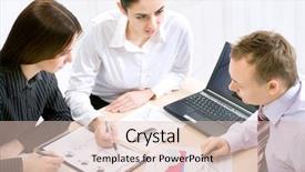  Presentation with meeting - Slides featuring business meeting - happy businesspeople talking background and a  colored foreground