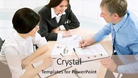  Presentation with meeting - Beautiful slides featuring business meeting - happy businesspeople talking backdrop and a  colored foreground