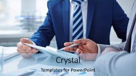  Presentation with project - Beautiful presentation theme featuring business meeting - image of two businessmen discussing backdrop and a light blue colored foreground